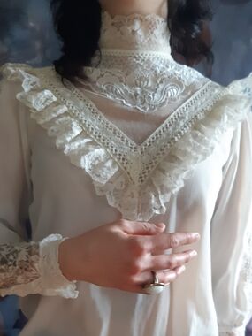 Vintage Ivory Lace High-Neck Victorian Blouse